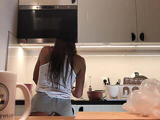 Hidden Camera Voyeur, Itsy-bitsy Panties Amateur Brunette in Kitchen