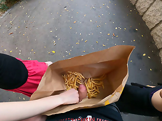 Public double handjob in the fries bag... I'm jerking it!