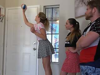 A strip indoor basketball game with two hot girls with the addition of 1 lucky dude