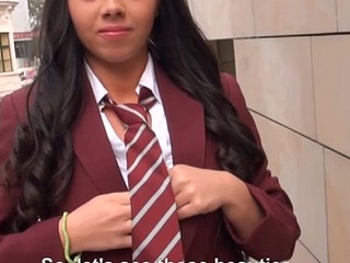 Schoolgirl flashes tits and gets drilled